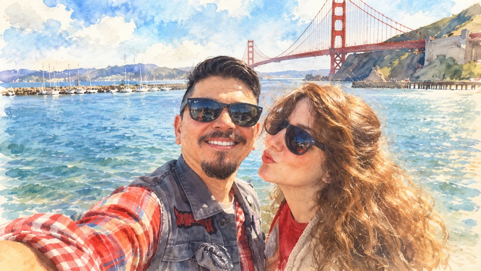 Roy and Kathleen taking a selfie in front of the Golden Gate Bridge
